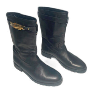 Massimo Dutti Women's Mid-Calf Leather Boots Black with Metallic Hardware